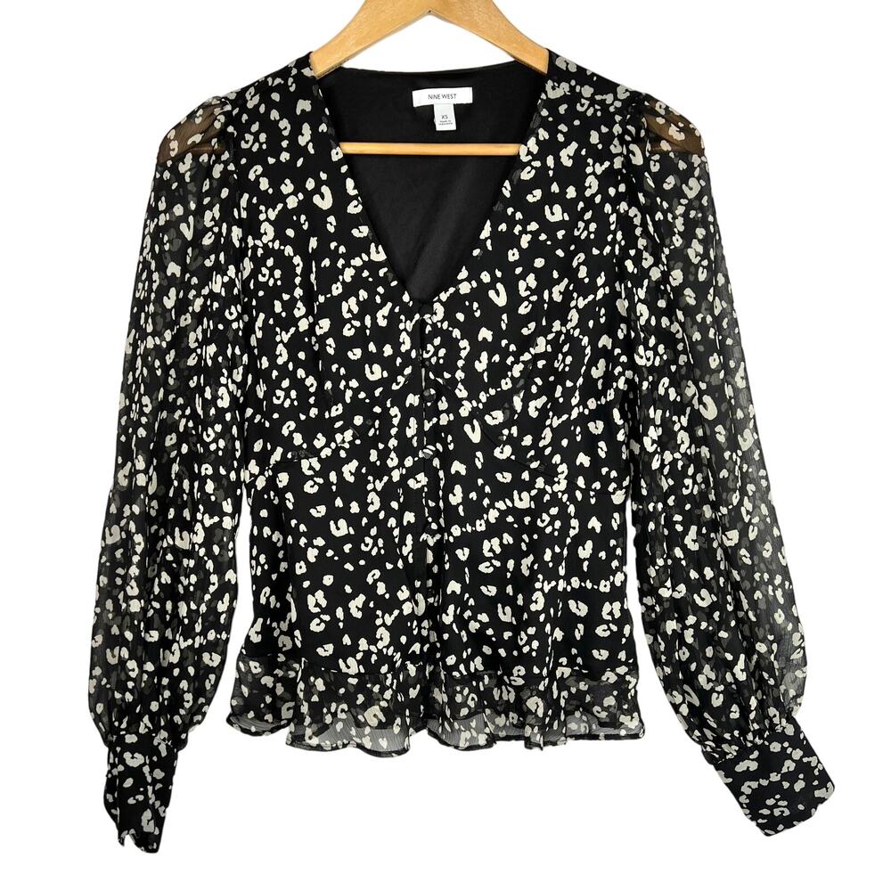 Nine West Black Animal Print V-neck Blouse XS
